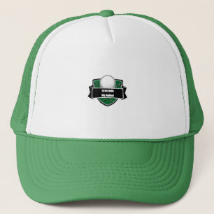 Schild-Emblem-Design mit Golfball und Schlägern Truckerkappe