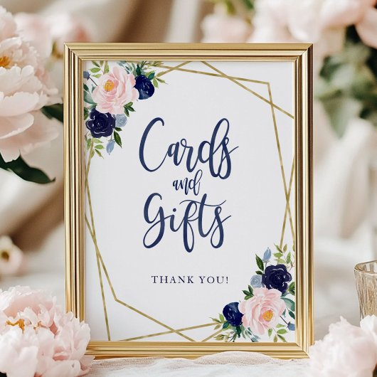 Schild für blaue Gold-Blumenkarten und Geschenke