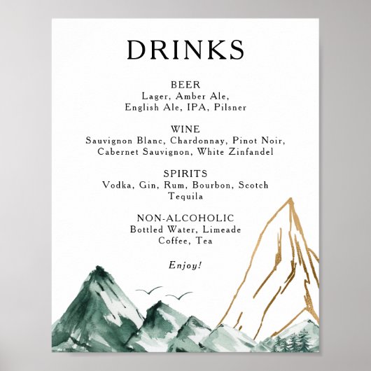 Schild für Hochzeitsgetränke im Grünen und Gold (Vorne)