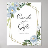 Schild mit blauen Blumenkarten und Geschenken (Vorne)