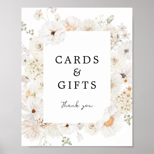 Schild mit weißen Blumenkarten und Geschenken (Vorne)