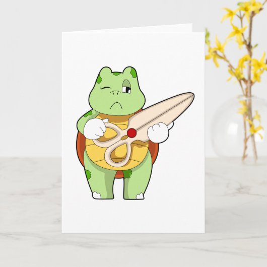 Schildkröte als Friseur mit Schere Karte (Gelbe Blume)