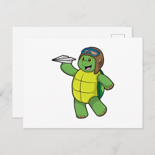 Schildkröte als Pilot mit Papier-Flugzeug Postkarte (Vorne/Hinten)