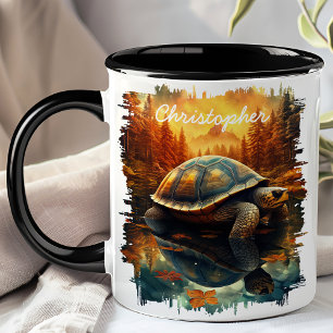 Schildkröte am Herbstwaldsee Spiegelung Tasse