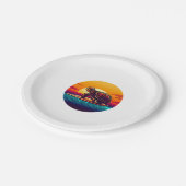 Schildkröte auf Surfboard Sonnenuntergang Pappteller (Schrägansicht)