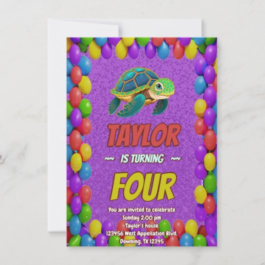 Schildkröte Einzigartiger Personalisierter Geburts Einladung (Vorderseite)