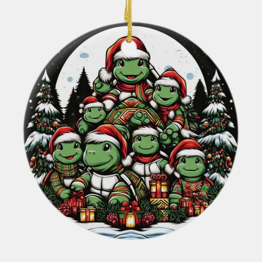 Schildkröte ist glücklich mit Weihnachtsgeschenken Keramik Ornament (Hinten)