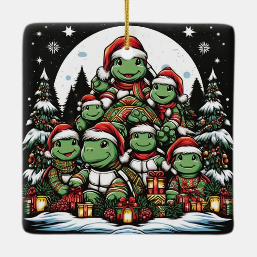 Schildkröte ist glücklich mit Weihnachtsgeschenken Keramikornament (Rückseite)