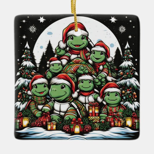 Schildkröte ist glücklich mit Weihnachtsgeschenken Keramikornament (Vorderseite)
