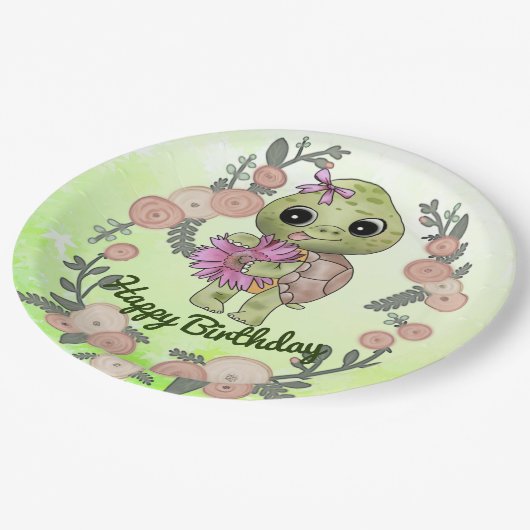 Schildkröte mit Blume Pappteller (Schrägansicht)