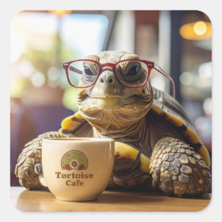 Schildkröte mit Brille auf einem Café-Platz Quadra Quadratischer Aufkleber