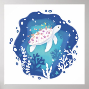 Schildkröte mit Korallen in Ocean Paper Art Illust Poster