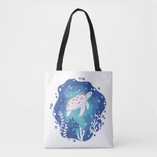 Schildkröte mit Korallen in Ocean Paper Art Illust Tasche