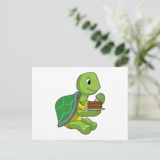 Schildkröte mit Kuchen Postkarte (Stehend Vorderseite)