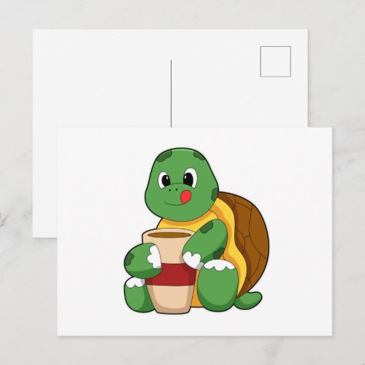 Schildkröte mit Tasse Kaffee Postkarte (Vorne/Hinten)