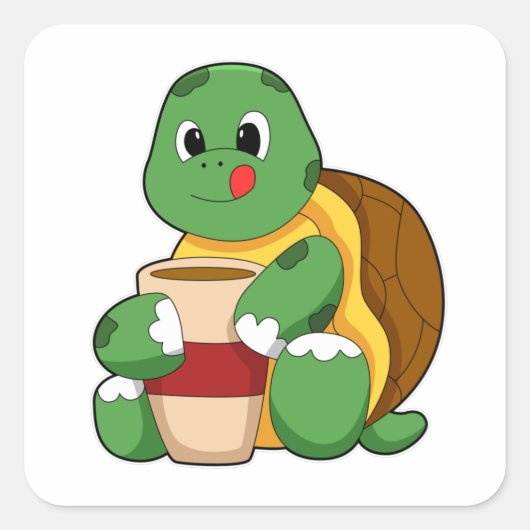 Schildkröte mit Tasse Kaffee Quadratischer Aufkleber (Vorderseite)