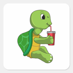Schildkröte mit Trinkbecher mit Strohhalm Quadratischer Aufkleber