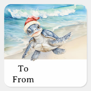 Schildkröte SANTA am Strand für Meeresliebhaber Quadratischer Aufkleber