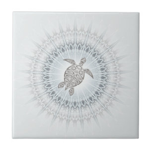 Schildkröte und Mandala Graublau Beige Fliese