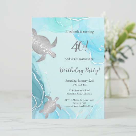 Schildkröten | Blauer Tinte | Geburtstag Einladung (Stehend Vorderseite)