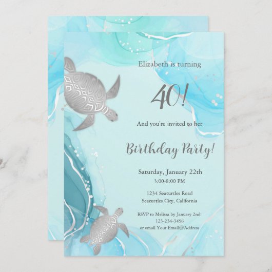 Schildkröten | Blauer Tinte | Geburtstag Einladung (Vorne/Hinten)