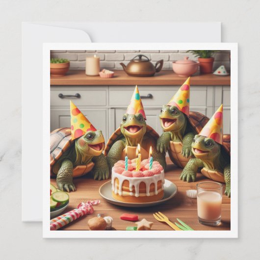 Schildkröten feiern Geburtstag mit Kuchen und Hüte Einladung (Vorderseite)