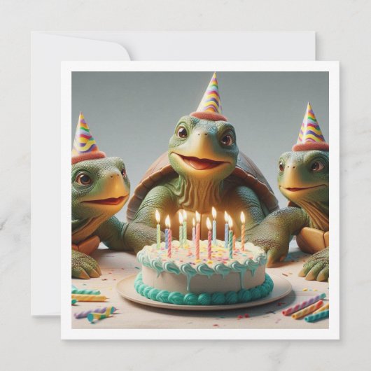Schildkröten feiern Geburtstag mit Kuchen und Hüte Einladung (Vorderseite)