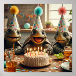 Schildkröten feiern Geburtstag mit Kuchen und Hüte Poster