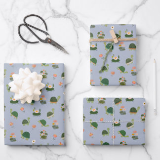 Schildkröten & Seerosenblätter auf Hellblau Geschenkpapier Set