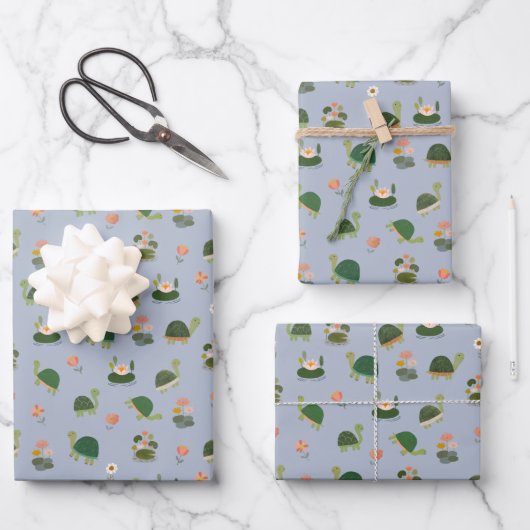 Schildkröten & Seerosenblätter auf Hellblau Geschenkpapier Set (Vorderseite)