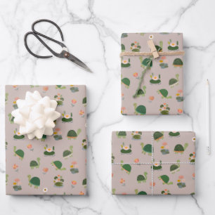 Schildkröten & Seerosenblätter auf Hellbraun Geschenkpapier Set