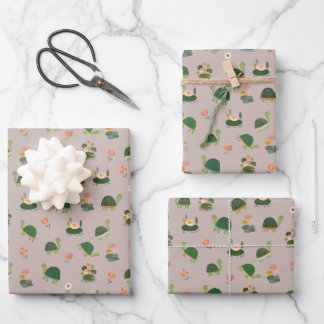 Schildkröten & Seerosenblätter auf Hellbraun Geschenkpapier Set