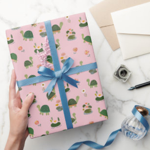 Schildkröten & Seerosenblätter auf Hellrosa Geschenkpapier