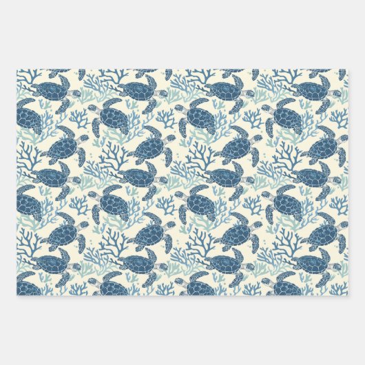 Schildkröten und Streifen aus Blauem und Cremees Geschenkpapier Set (Vorderseite)