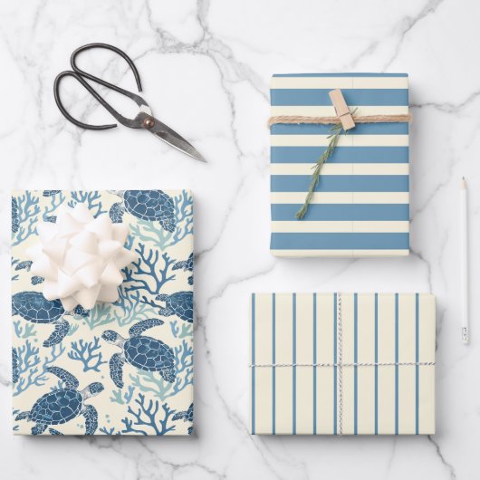 Schildkröten und Streifen aus Blauem und Cremees Geschenkpapier Set (Vorderseite)