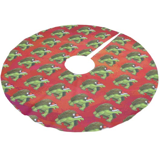 Schildkröten-Weihnachten auf Rot Polyester Weihnachtsbaumdecke (Schrägansicht)