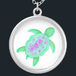 Schildkrötengrüne lila Knorpelhalle Versilberte Kette<br><div class="desc">Schöne niedliche,  in Aquarellschildkröte gemalt mit Herz gemusterte Muschel von Sarah Trett.</div>