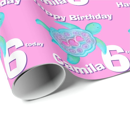 Schildkrötenkunst pinkfarben und Name 6. Geburtsta Geschenkpapier (Rolleneckpunkt)