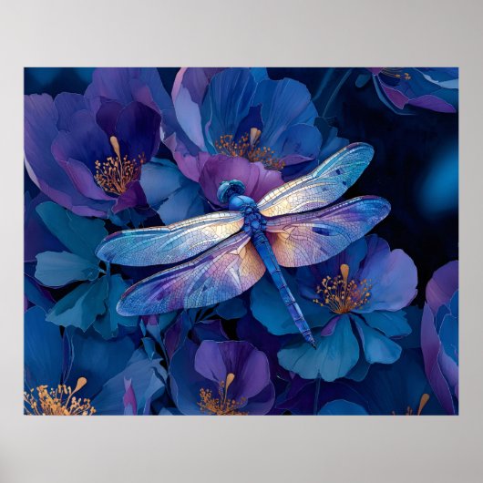 Schillernde Libelle Farbige Blumen Poster (Vorne)