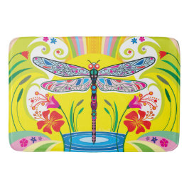 Schillernde Libelle und Wildblumen Badematte