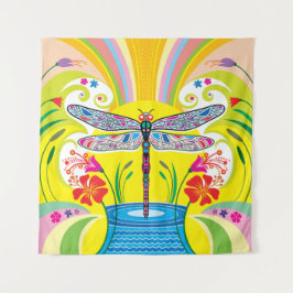 Schillernde Libelle und Wildblumen Wandteppich