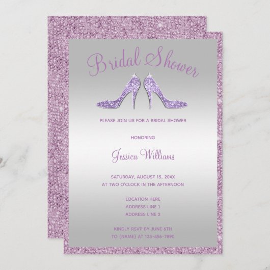 Schillernde lila Sequins u. Stilett-Brautparty Einladung (Vorne/Hinten)
