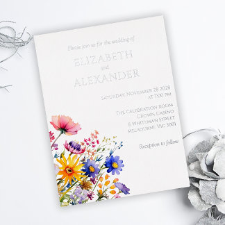 Schillernde Silber und Wildblumen Hochzeit Folie Einladungspostkarte