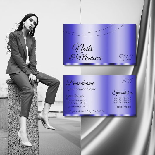 Schimmerblau glamoros mit Monogram modern Visitenkarte