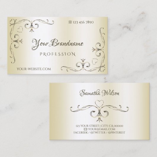 Schimmercreme Verzierte Eckbänder Ornamental Visitenkarte (Vorne/Hinten)