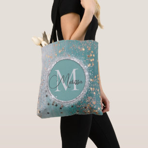 Schimmergoldsteine auf Aquamarinem Monogramm Tasche