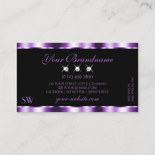 Schimmeriges, Lila Schwarzes Karo-Monogramm Visitenkarte (Rückseite)