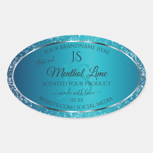Schimmerly Aquamarin mit Glitzer Initials Product  Ovaler Aufkleber (Vorderseite)
