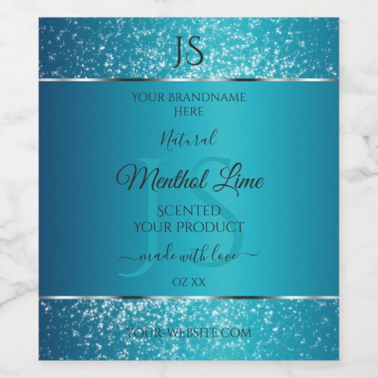 Schimmerly Aquamarin mit Glitzer Initials Product  Weinetikett (Einzelnes Label)