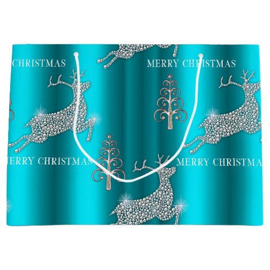 Schimmernd Diamond Rentier Leaping Aqua Weihnachte Große Geschenktüte (Vorderseite)